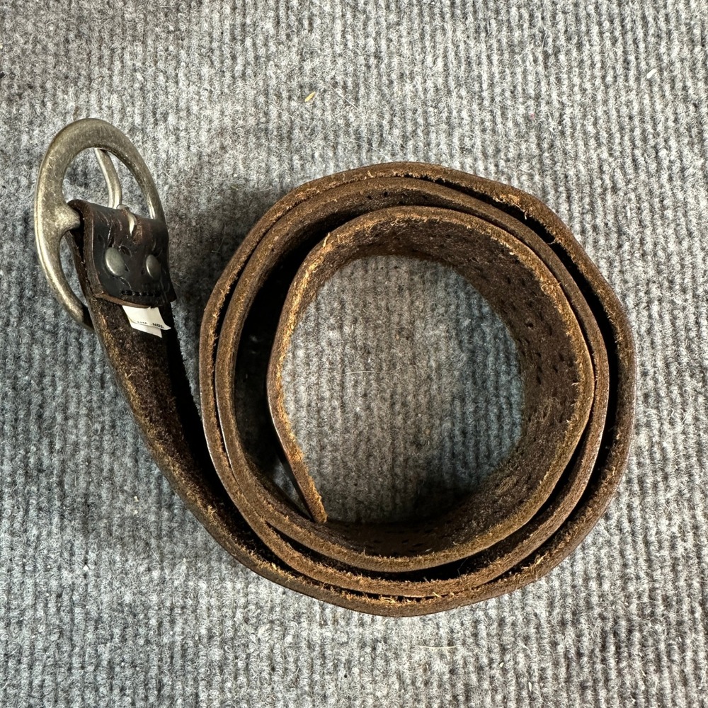 Dark Brown Perforated Floral Leather Belt Round Brass Buckle Boho Wide 40 Inch - Picture 8 of 11